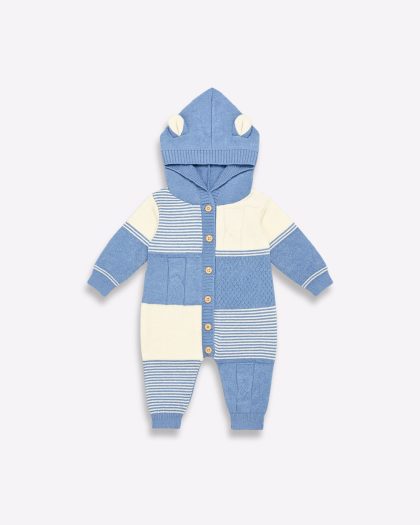 Cozy Knit Patchwork Baby Romper with Hood