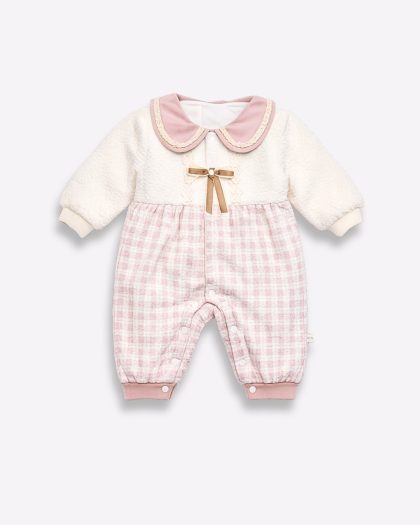 Cozy Fleece & Pink Plaid Baby Jumpsuit with Velvet Collar