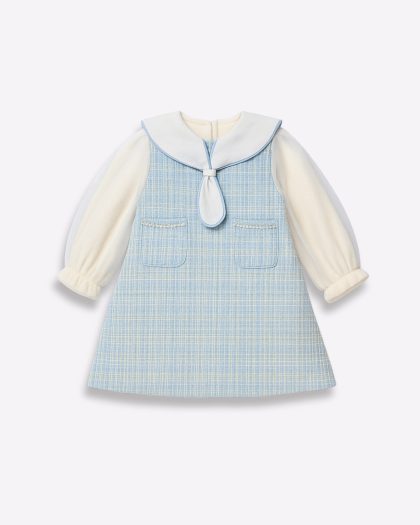 Tweed-Style Blue Plaid Dress with Peter Pan Blouse with fleece inner