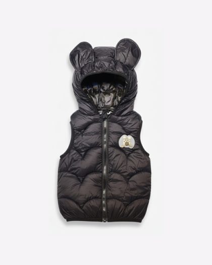 Kids' Stylish Black Puffer Vest with Cute Bear Ears Hood